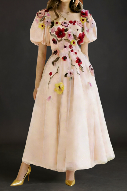 FLOWERS PRINT PUFF SLEEVE MIDI DRESS IN PINK