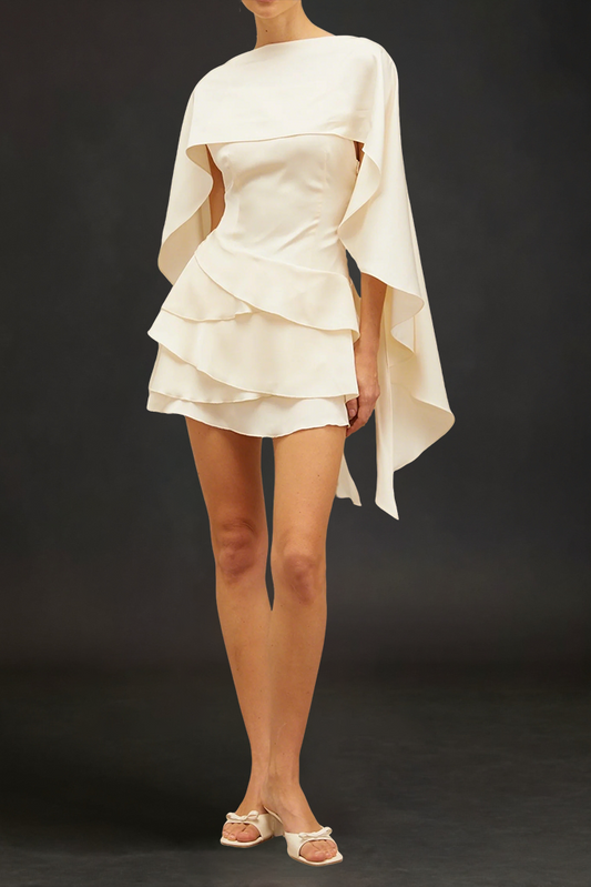Lyna White Satin Ruffled Mini Dress with Shawl Panel Detail