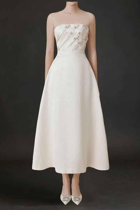 Strapless Straight Across Neck Polyester Midi Dress