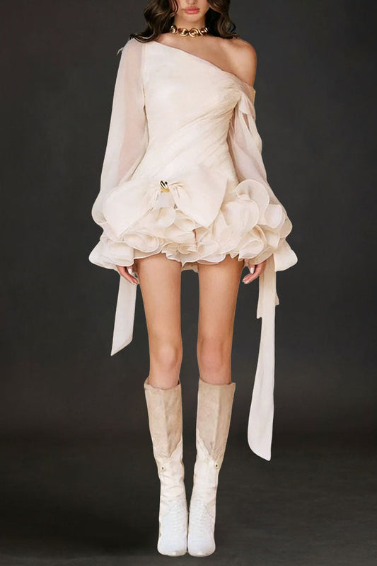 Apricot Ruffle Diagonal Long Sleeve Mini Dress