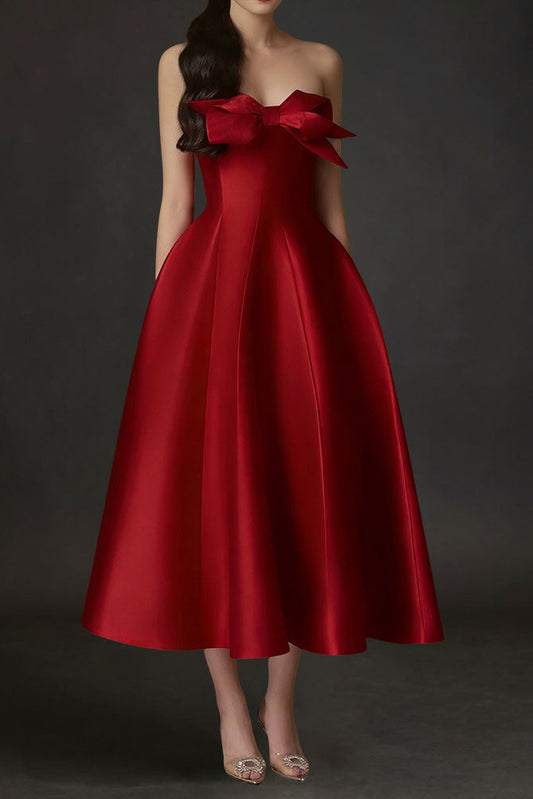 RED FLARED SEMI-HEART NECK TAFFETA MIDI DRESS