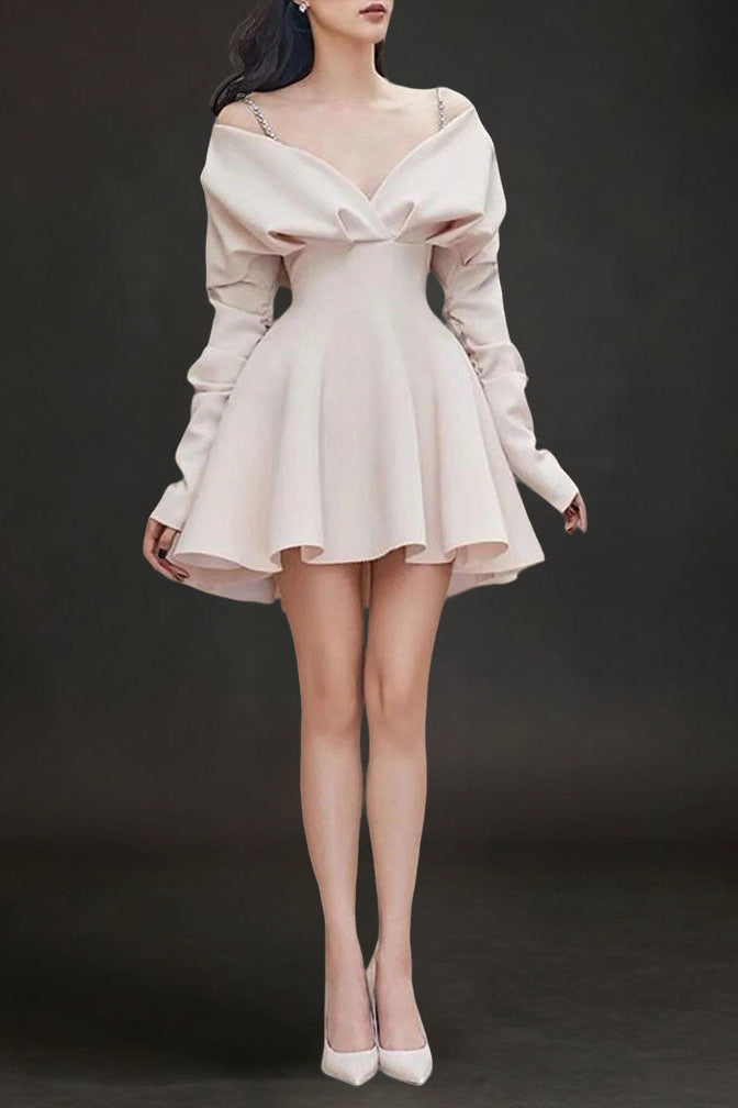V-NECK LONG-SLEEVED A-LINE SUSPENDER DRESS