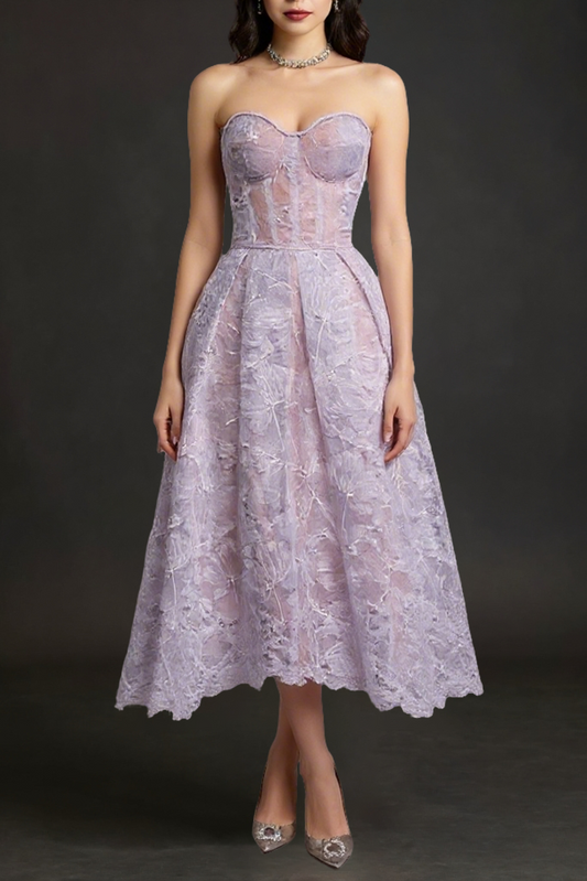 AGNENS Purple Sexy Strapless Embroidered Lace Midi Dress