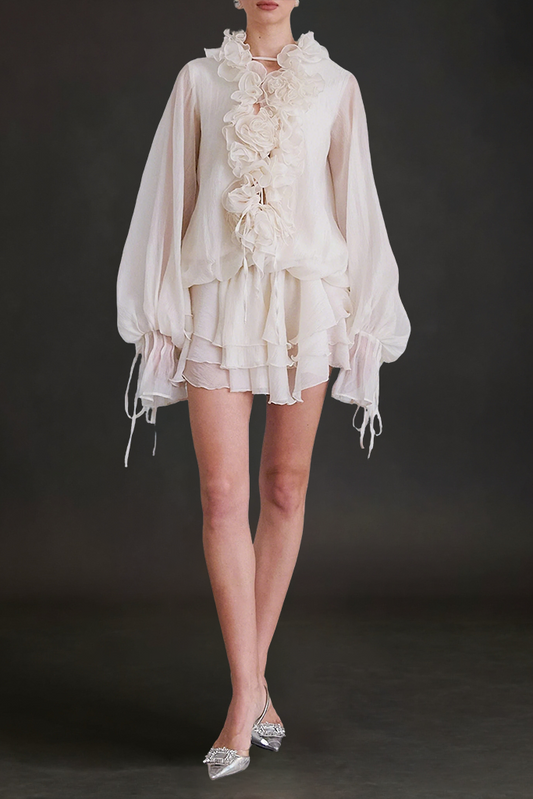 Zéphyrine floral-appliqué tiered mini dress in Neutrals