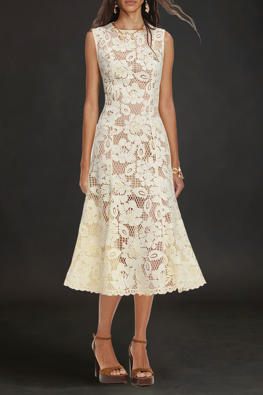 marjorie Yellow Crochet Lace hollow Midi Dress