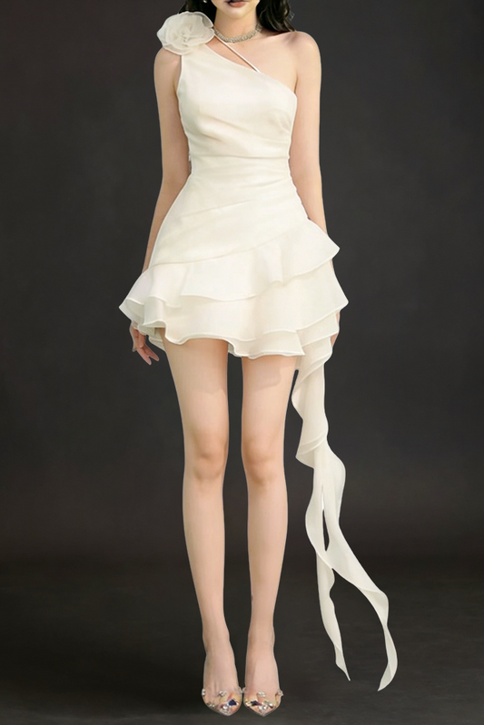 Flower one shoulder ruffle mini dress in white