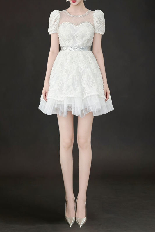 White Lace Sequin Puff Sleeve Mini Dress with Tulle Hem