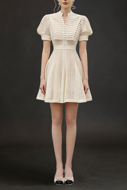 FLARED PUFFY SLEEVED LACE MINI DRESS IN WHITE