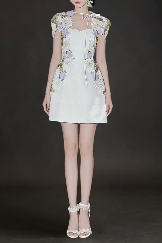 White Floral Embroidered Mini Dress with Sheer Cap Sleeve Bolero