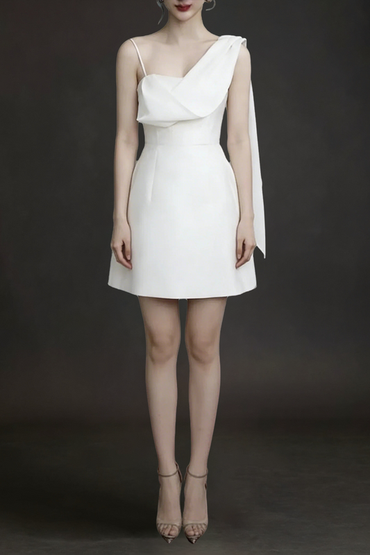 White Asymmetrical One-Shoulder Mini Dress with Sash Tie