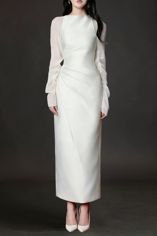 griselda Boat Neck Gathered Midi Dress in ivory