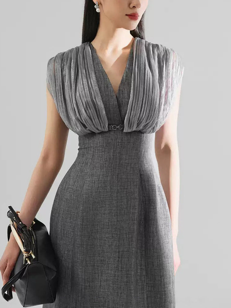Mesh stitching sleeveless midi dress in grey