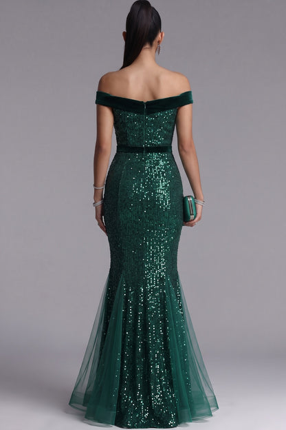 Emerald Green Off Shoulder Sequin Mermaid Evening Gown