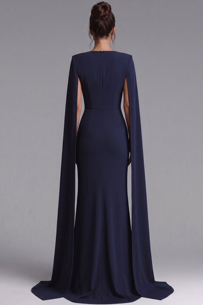 Navy Beaded Cape Sleeve Mermaid Evening Gown
