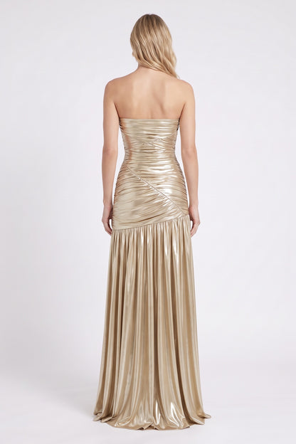 Metallic Gold Strapless Ruched Maxi Gown Premium Fabric - product view 3