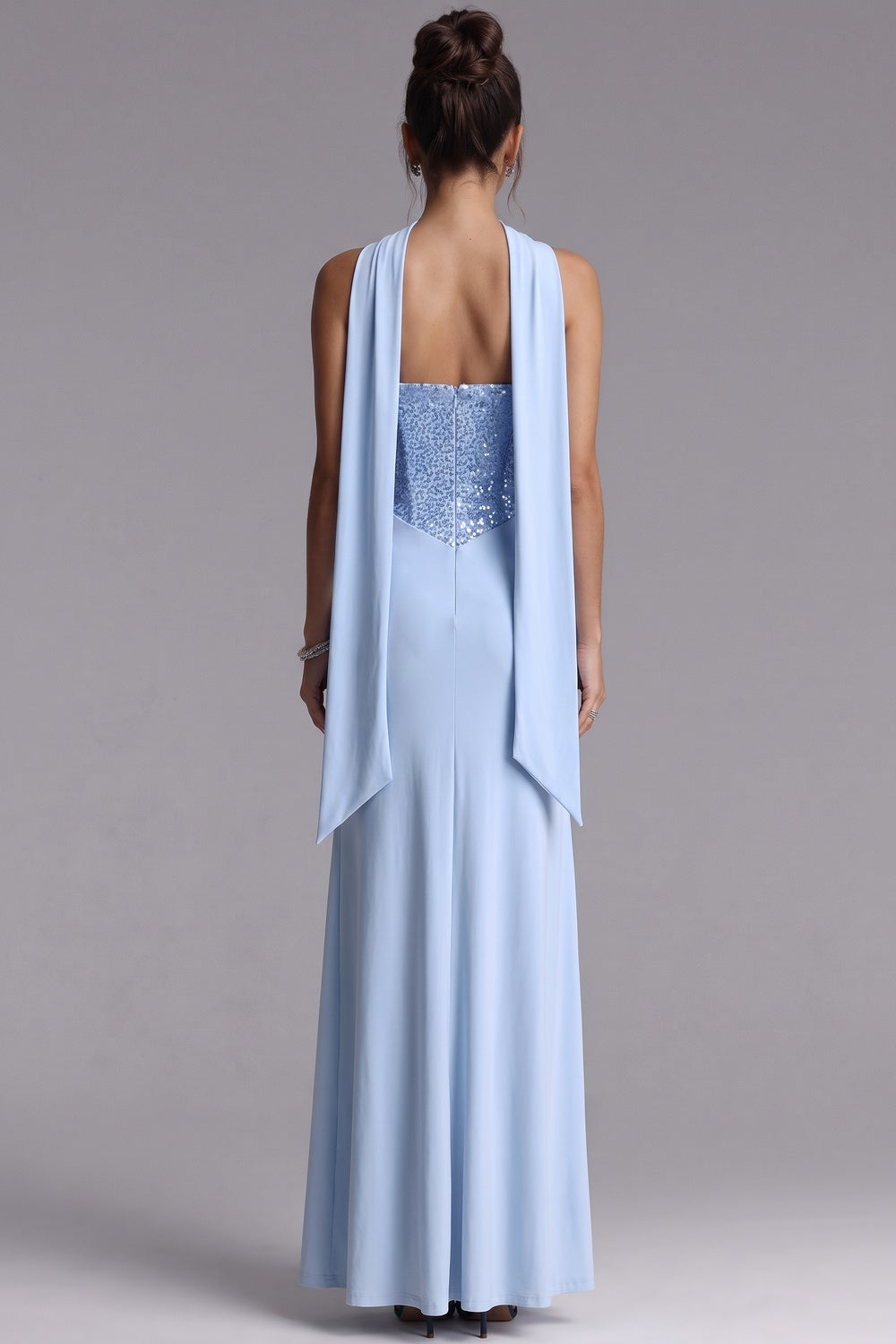 Light Blue Sequined Evening Gown with Draped Waist Premium Fabric - product view 3