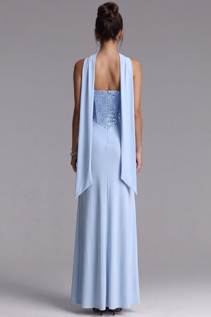 Light Blue Sequined Evening Gown with Draped Waist Premium Fabric - product view 3