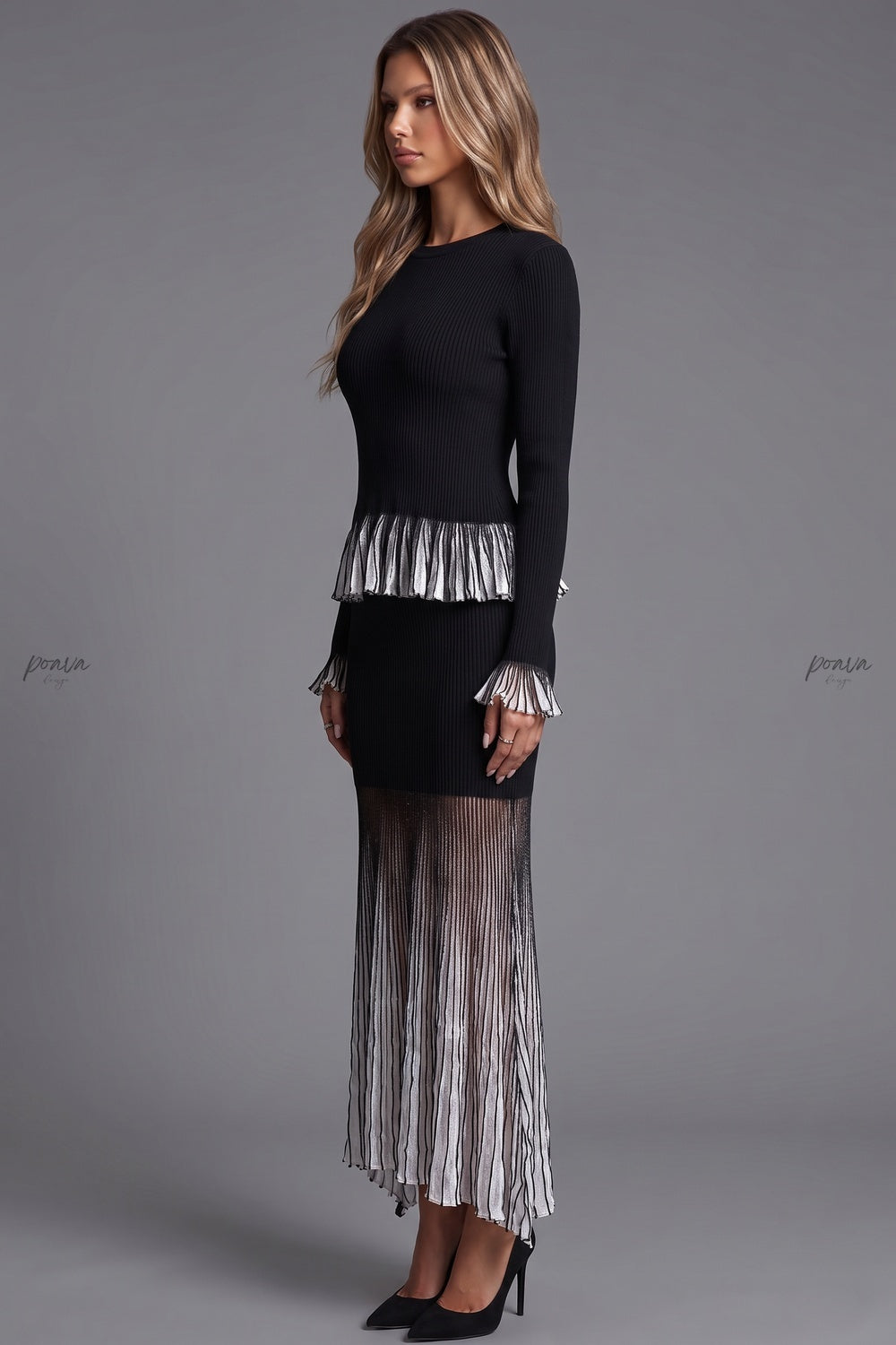 Black Ribbed Knit Two-Piece Set with Metallic Pleated Peplum black ribbed knit two-piece set - product view 5