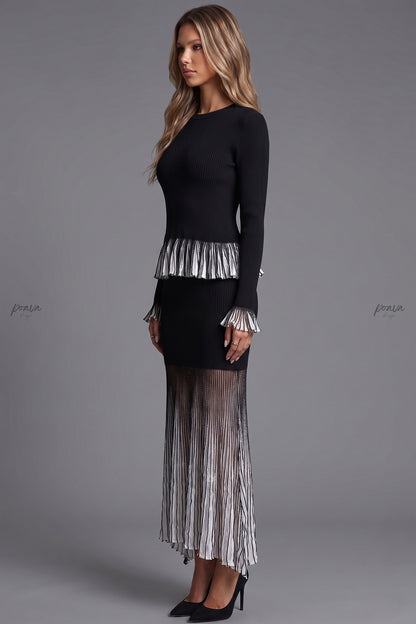 Black Ribbed Knit Two-Piece Set with Metallic Pleated Peplum black ribbed knit two-piece set - product view 5