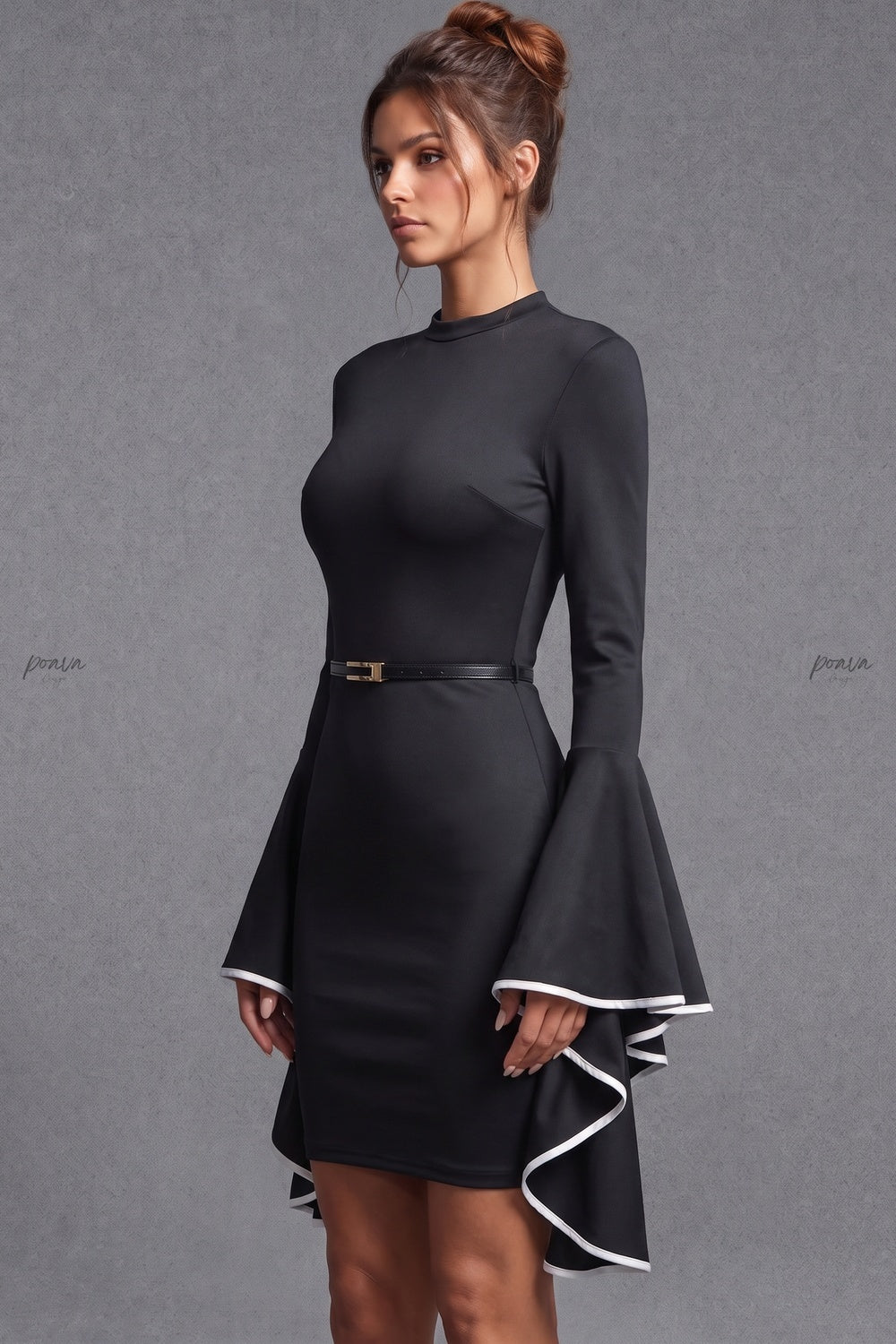 Black Bodycon Mini Dress with Tiered Bell Sleeves black stretchy synthetic blend dress - product view 3