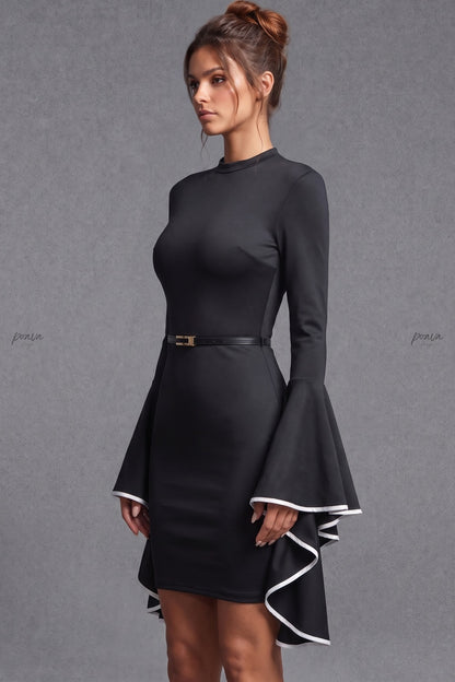 Black Bodycon Mini Dress with Tiered Bell Sleeves black stretchy synthetic blend dress - product view 3