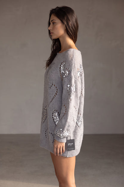 Grey Oversized Slouchy Sweater with Sequin Heart Motifs grey chunky knit yarn sweater - product view 5