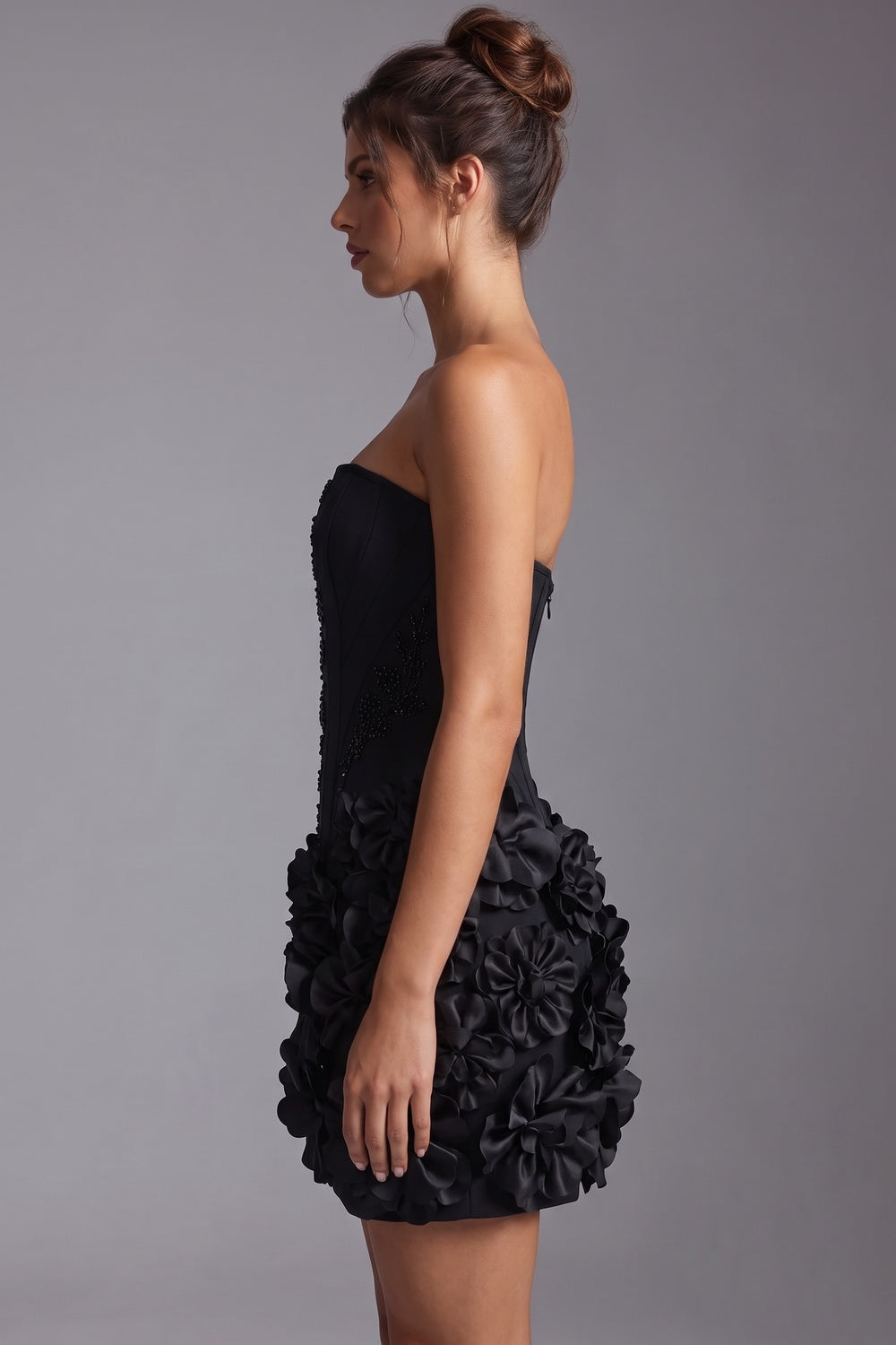 Black Structured Corset Mini Dress with 3D Floral Skirt black structured woven crepe dress - product view 5
