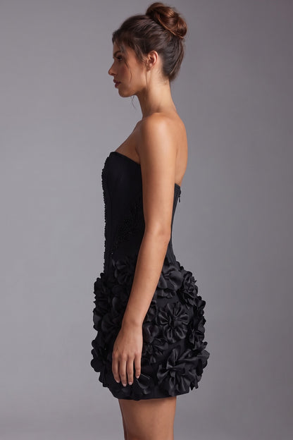 Black Structured Corset Mini Dress with 3D Floral Skirt black structured woven crepe dress - product view 5