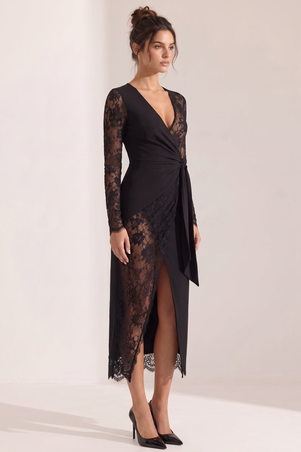 Asymmetrical Wrap Maxi Dress in Black Opaque Crepe with Floral Lace Panels black opaque black crepe dress - product view 5