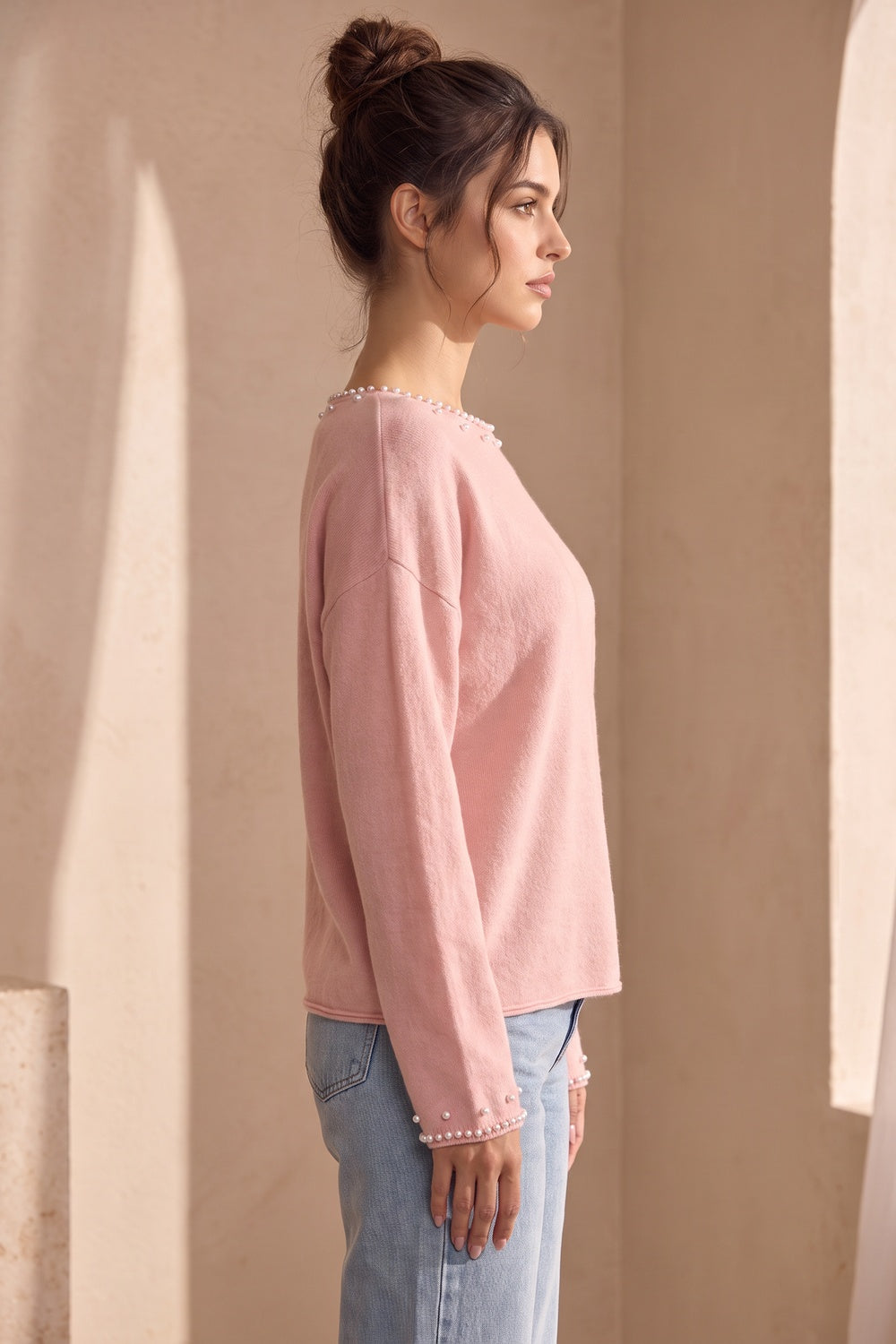 Pastel Pink Pearl Trim Drop Shoulder Sweater pastel pink soft fine knit sweater - product view 5
