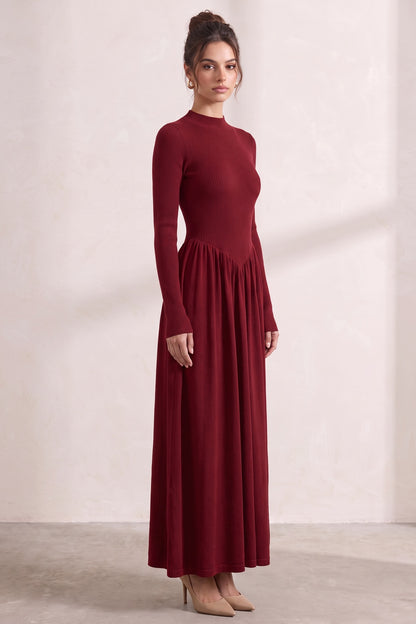 Dark Red Ribbed Knit A-Line Maxi Dress dark red ribbed knit maxi dress - product view 5