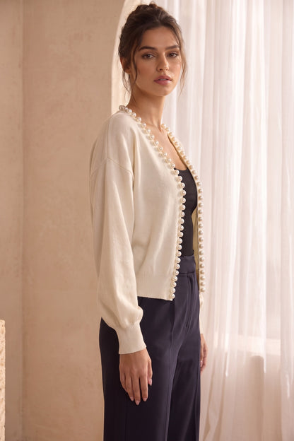 Cream Fine Knit Boxy Cropped Cardigan with Pearl Trim cream, off-white fine knit cardigan - product view 5