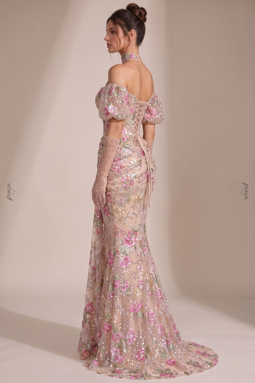 Nude Embroidered Tulle Mesh Mermaid Gown with Floral Sequin Detailing nude, beige embroidered tulle mesh gown - product view 5