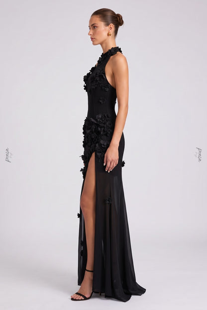 Black Crepe Fitted Bodice with Flowing Sheer Skirt Gown black crepe gown - product view 5