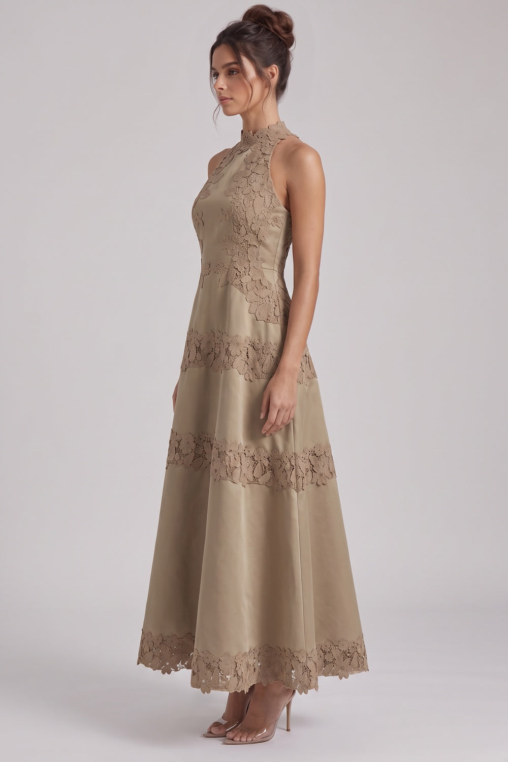 Taupe Structured Satin A-Line Midi Dress with Lace Band Detail taupe structured satin or taffeta dress - product view 5
