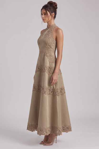 Taupe Structured Satin A-Line Midi Dress with Lace Band Detail taupe structured satin or taffeta dress - product view 5