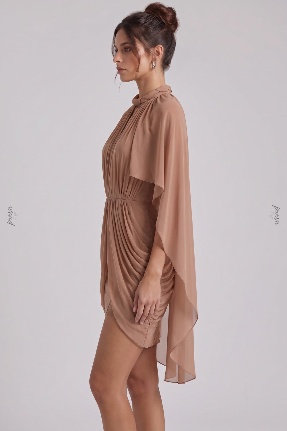 Nude Sheer Chiffon or Georgette Fitted Bodycon Under-Layer with Draped Cape Overlay Mini Dress nude, tan, taupe sheer chiffon or georgette mini dress - product view 3