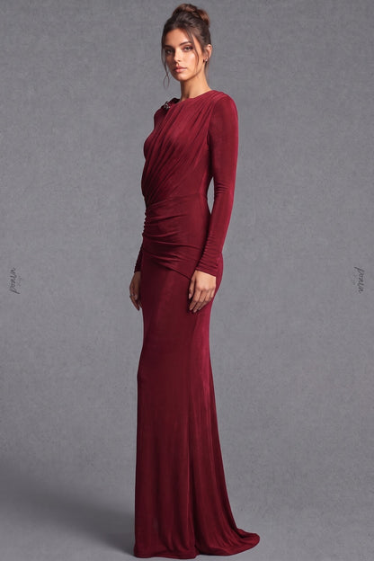 Burgundy Metallic Jersey Column Evening Gown burgundy metallic jersey evening gown - product view 5