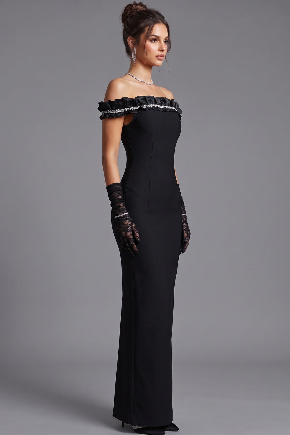 Black Structured Crepe Column Evening Gown with Crystal Ruffle Trim black structured crepe evening gown - product view 5