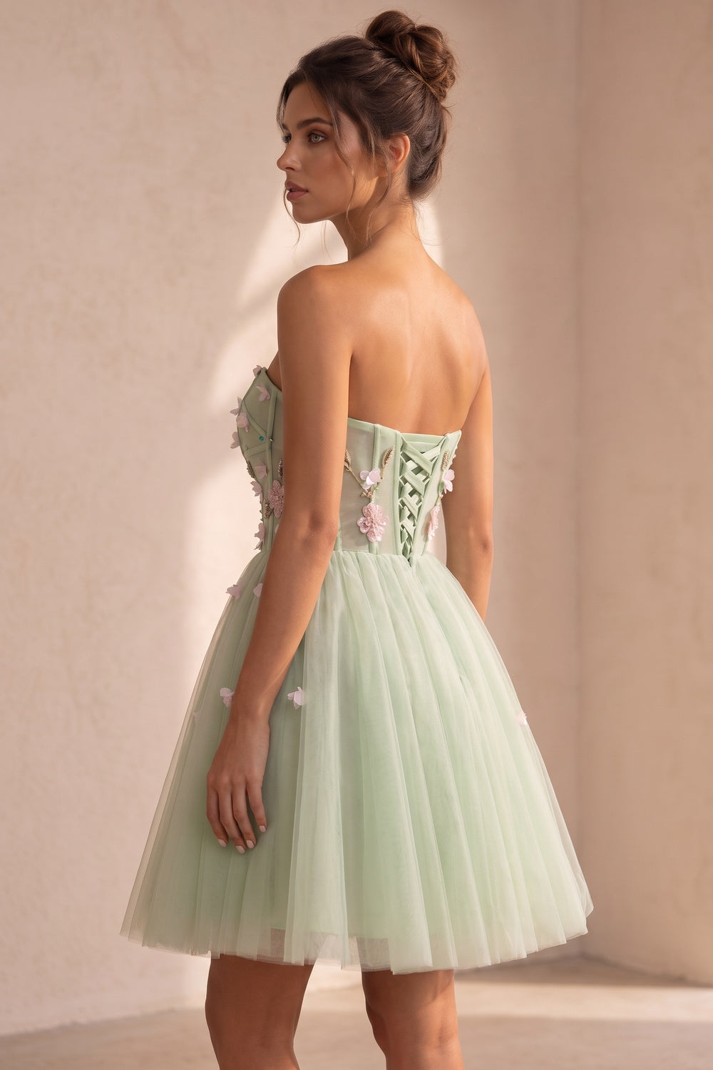 Light Sage Green Tulle A-Line Fit-and-Flare Dress with 3D Floral Appliques light sage green tulle dress - product view 5
