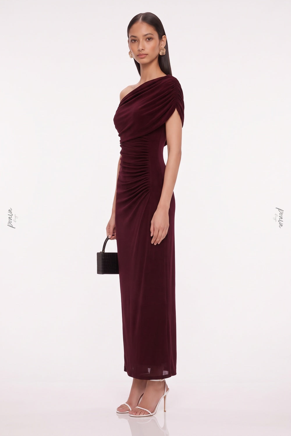 Burgundy Asymmetrical Off-The-Shoulder Ruched Column Dress burgundy lightweight stretch knit dress - product view 5
