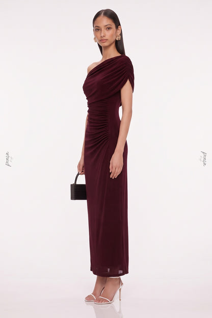 Burgundy Asymmetrical Off-The-Shoulder Ruched Column Dress burgundy lightweight stretch knit dress - product view 5