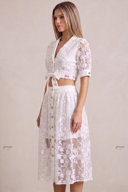 White 3D Floral Embroidery Two-Piece Set with Gold Hardware white sheer white mesh with dense 3D floral embroidery two-piece set - product view 5
