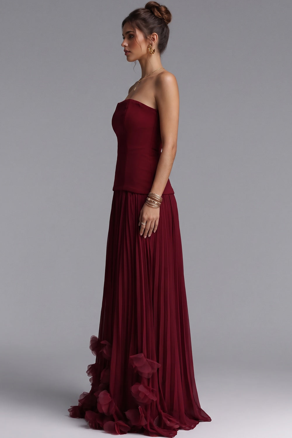Burgundy Matte Crepe Bodice Drop-Waist Column Gown burgundy matte crepe bodice, chiffon skirt gown - product view 5