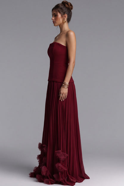Burgundy Matte Crepe Bodice Drop-Waist Column Gown burgundy matte crepe bodice, chiffon skirt gown - product view 5