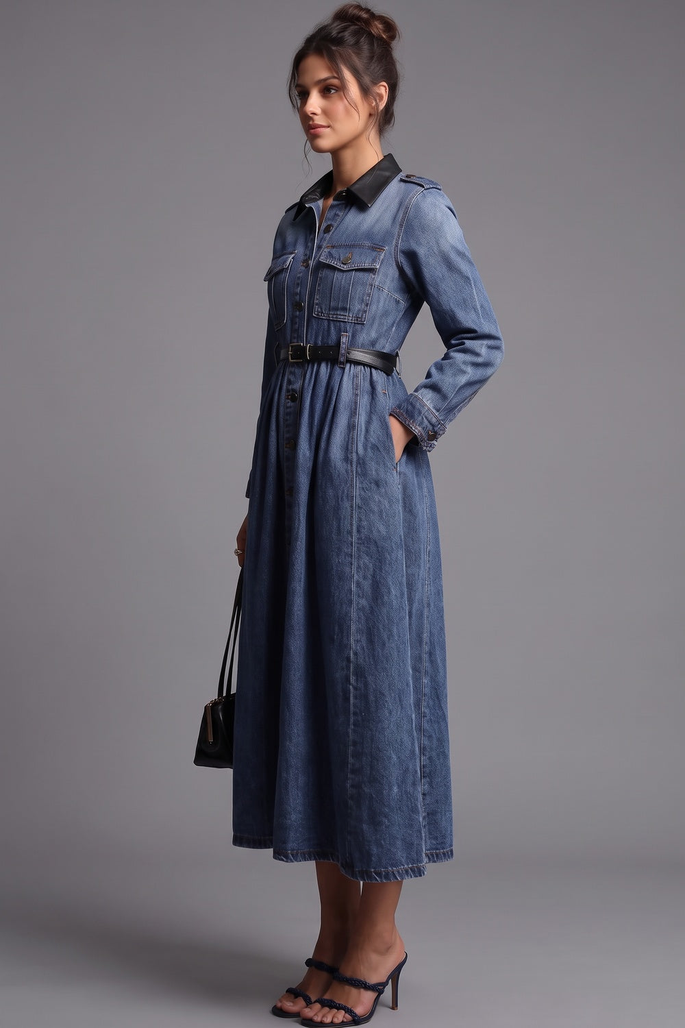 Medium Blue Denim A-Line Shirt Dress with Contrast Collar medium blue denim shirt dress - product view 5