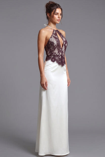 Dark Plum Lace Bodice Satin Column Dress in Ivory ivory satin dress - product view 5