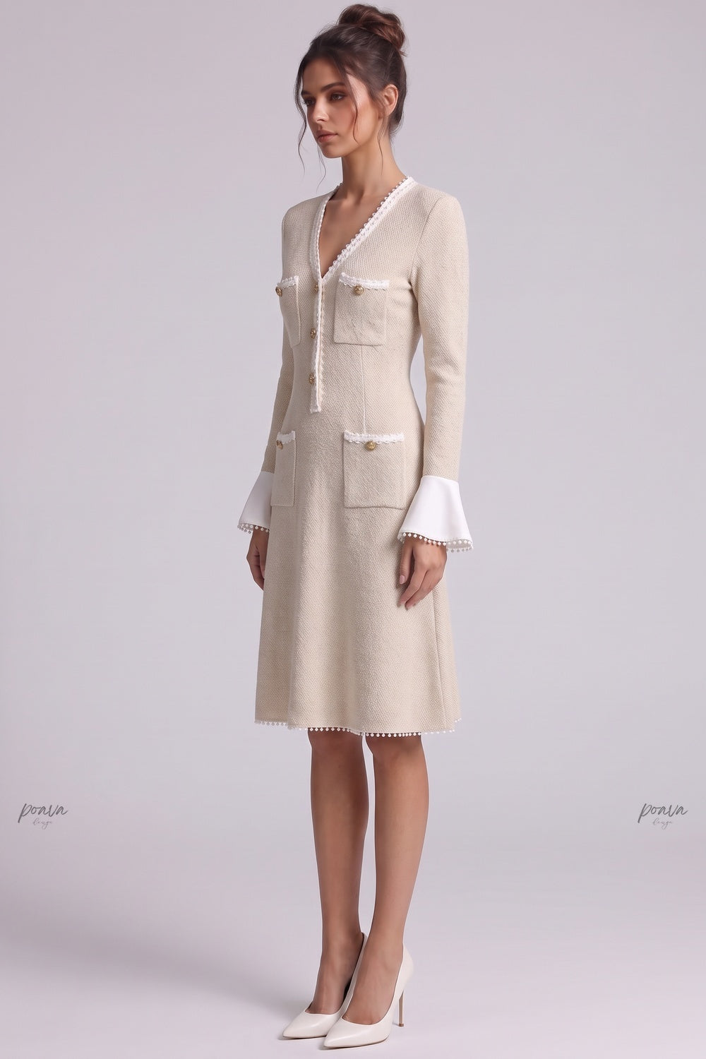 Beige Textured Bouclé Knit A-Line Midi Dress beige textured boucle knit dress - product view 5