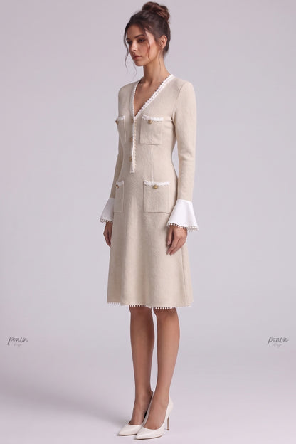 Beige Textured Bouclé Knit A-Line Midi Dress beige textured boucle knit dress - product view 5