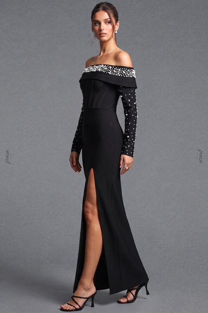 Black Heavy Stretch Crepe Column Evening Gown with Pearl Embellishment black heavy stretch crepe evening gown - product view 5